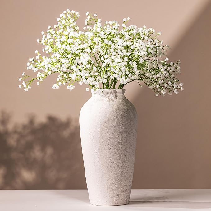 Laurel&Vine 12" Tall White Ceramic Vase, Speckled Textured Minimalist, with 15 Stems of 22" Faux Artificial White Babys Breath, Farmhouse Console Centerpiece Decor, Real Touch Fake Flowers in Vase