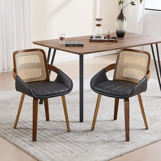 Dining Chairs Set of 2, Mid Century Modern Dining Room Chairs with Arms and Rattan Back PU Leather Upholstered Bentwood Kitchen Chairs for Home Restaurant Office - Black