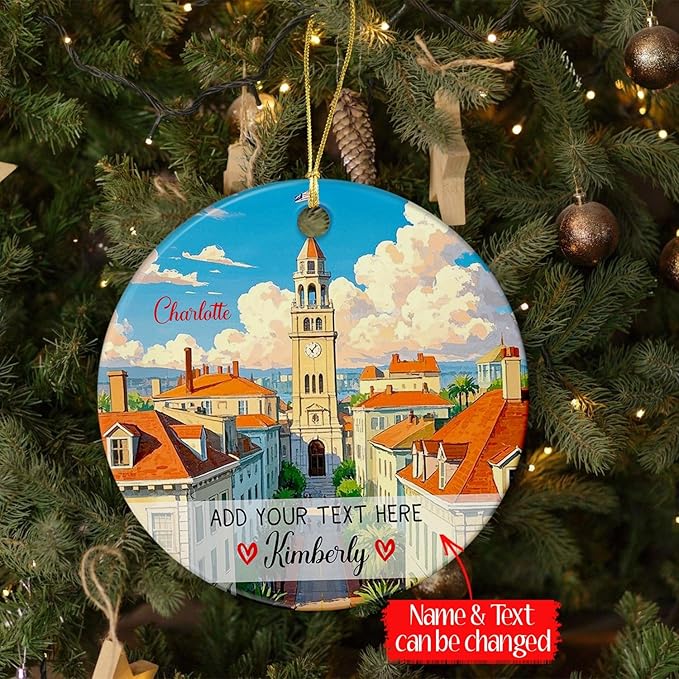 Personalized Text/Name Charlotte City Travel Souvenir Ceramic Christmas Ornament 2025, Charlotte Skyline Xmas Tree Ornaments, Custom Charlotte North Carolina USA Vacation Ornament Gifts for Friends