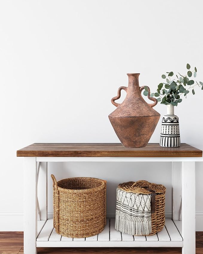 UPWOIGH 14x9.06 in Tall Vintage Ceramic Vase with Handles, Antique Terracotta Pottery Vase for Living Room Table Decor, Rustic Farmhouse Bedroom Decoration, Distressed Brown with Black Markings, Gift