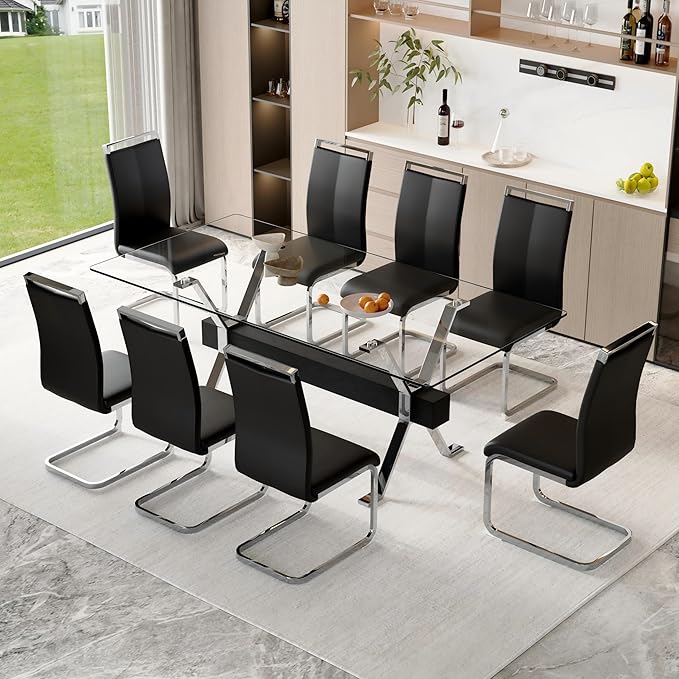 9 Piece Glass Dining Table Set, 79" Modern Dining Table Set for 8, 0.5" Thick Tempered Glass Tabletop with Silver Chrome Metal Legs and Black Crossbar, 8 PU Chairs for Dining Room, Kitchen