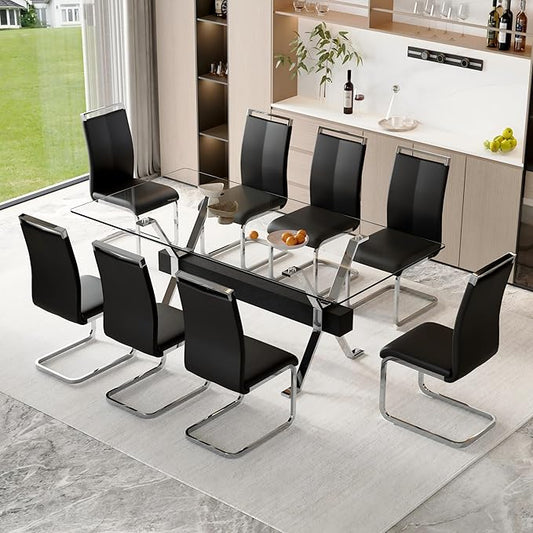 9 Piece Glass Dining Table Set, 79" Modern Dining Table Set for 8, 0.5" Thick Tempered Glass Tabletop with Silver Chrome Metal Legs and Black Crossbar, 8 PU Chairs for Dining Room, Kitchen
