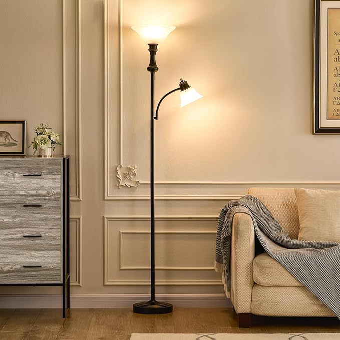 71'' Torchiere Floor Lamp for Bedroom with Glass Shade, Tall Floor Lamps for Living Room with Adjustable Angle Arc Reading Light, Modern Standing Light, Knob Switch, Bulb Included, Black