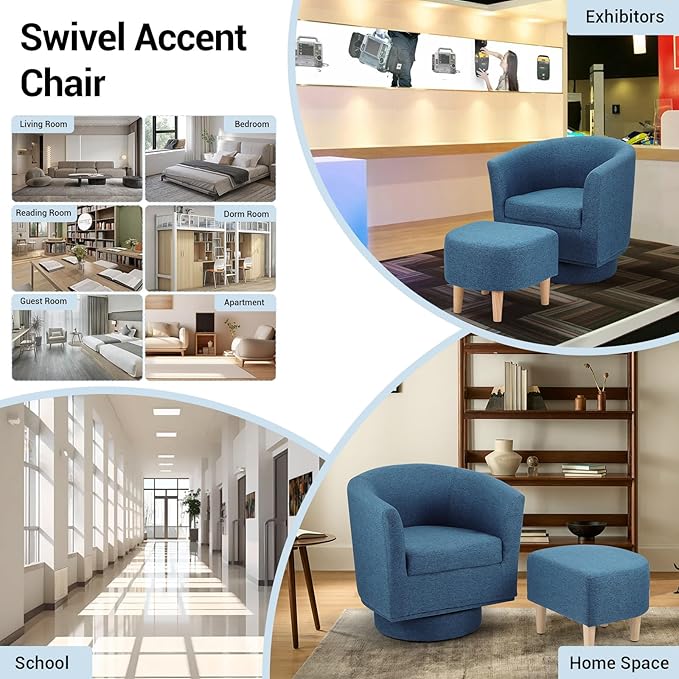 DAZONE Swivel Accent Chair, Modern Barrel Chair with Ottoman, Comfy Swivel Armchair Living Room Chairs 360 Degree Upholstered Round Club Tub Chairs for Bedroom Reading Room, Blue