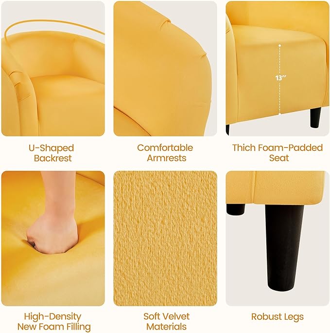 Yaheetech Yellow Chairs Set of 2, Accent Chair for Bedroom, Armchair for Living Room, Velvet Fabric Club Chair with Soft Padded Seat and Sturdy Legs for Bedroom Waiting Room, Yellow
