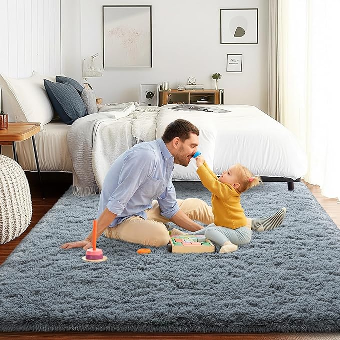 Grey Area Rug for Bedroom, 4x6 Soft Rugs for Living Room Nursery Kids Room Dorm Home Decor Aesthetic, Fluffy Shaggy Rug with 4 Anti-Slip Carpet Tapes