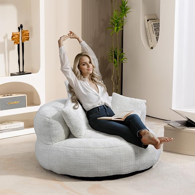 42'' Oversized Round Chair, Single Lounge Chaise Upholstered Sofa Bed with Deep Seat, Chenille Bean Bag Chiar with Pillows for Living Room, Bedroom, Apartment, Reading, No Assembly (Beige)