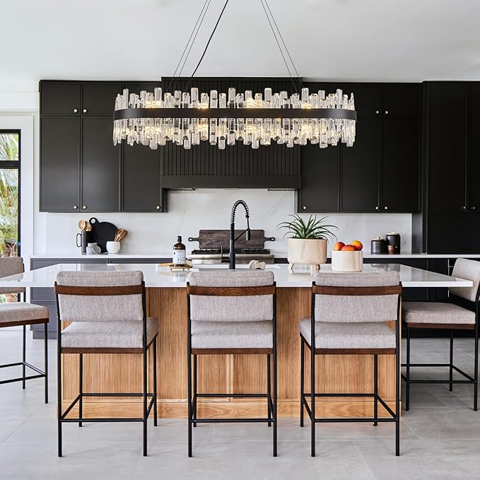 Rectangle Crystal Chandeliers, L43.4 inch 20-Light Black Chandelier Lighting Fixture, Height Adjustable Oval Pendant Ceiling Light for Dining Room Over Table Kitchen Island