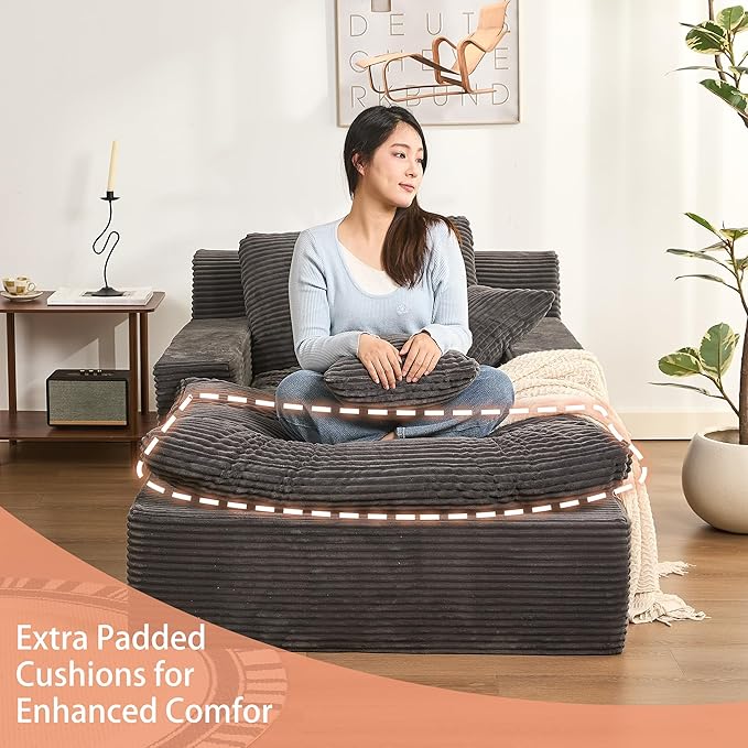 63" Oversized Chaise Lounge Chair Indoor, Extra Cloud Layer, Convertible Sleeper Sofa Couch with Removable Pillows & Side Pockets, Corduroy Upholstered Sofa Bed with Armrests for Living Room, Grey