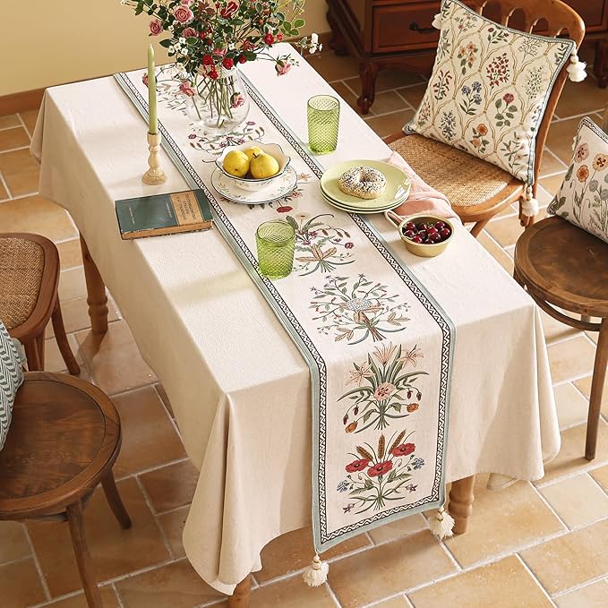 ISAENNE Designer French Country Linen Table Runner 118 Inches Extra Long,Elegant Colorful Floral Pattern Table Runners for Dining Tables,Thanksgiving,Christmas,Kitchen Decor,12"*118"-Serenity F