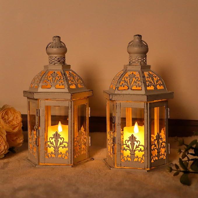 TRIROCKS Set of 2 Vintage Decorative Lanterns 9.5" H Hanging Lantern Metal Candleholder with Tempered Glass for Indoor Outdoor Home Decor Parties Garden Events Wedding(White with Grey Brush)