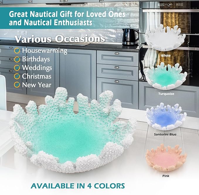 Turquoise Coral Textured Decorative Bowl,9.45" Medium Resin Decorative Centerpiece Bowl for Coastal Beach theme house table centerpiece decorations & Nautical decorations for coffee table