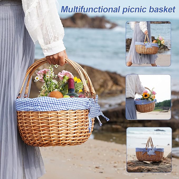 G GOOD GAIN Wicker Picnic Basket with Double Folding Handles,Willow Picnic Hamper,Natural Hand Woven Easter Basket,Easter Eggs and Candy Basket,Bath Toy and Kids Toy Storage,Gift Packing Basket.Blue