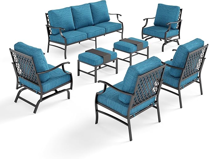 7 Piece Metal Outdoor Patio Furniture Sets, Patio Conversation Sets 3-seater Sofa, 2 Fixed Chair, 2 Rocking Chair, 2 Ottomans with 5.75" Thick Cushion, Black Backyard Furniture, Blue-2