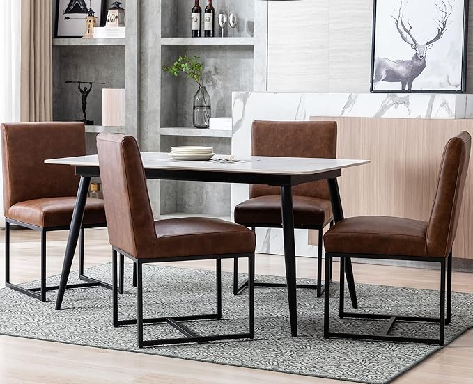VESCASA Faux Leather Upholstered Dining Chairs with Black Metal Frame, Mid Century Modern Padded Kitchen Chair with Adjustable Foot Pads for Restaurant, Dining Room, Set of 4, Brown