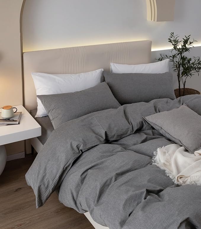 JIYUAN 100% Washed Cotton Duvet Cover Set 3 Pieces King, 1 Duvet Cover 104x90 Inches (Comforter Not Included) and 2 Pillowcases,Linen Feel Bedding Set Comfy and Breathable, Heathered Dark Grey