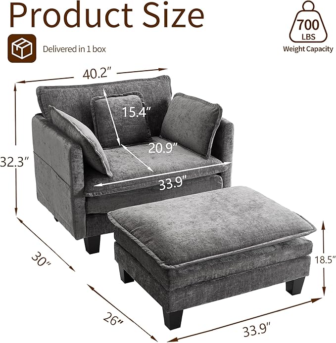 SweetGO corporation 40" Chenille Lounge Chair for Reading, Modern Couch Cozy Sofa Bed, Upholstered Living Room Single Sofa Accent Chair with Ottoman, Grey