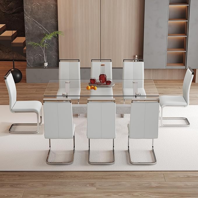 9 Piece Glass Dining Table Set, Kitchen Table Chairs Set for 8, 71'' Dining Table with 0.4" Tempered Glass Tabletop with Plated Metal Legs and MDF Crossbar, 8 PU Chairs for Dining Room, Kitchen.