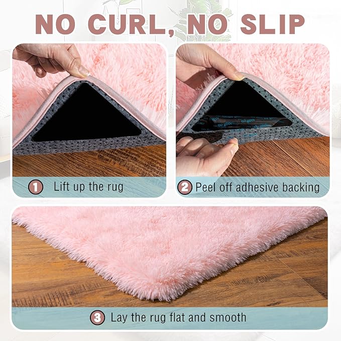 Pink Area Rug for Bedroom, 4x6 Rugs for Living Room Nursery Kids Room Dorm Home Decor Aesthetic, Fluffy Shaggy Rug with 4 Anti-Slip Carpet Tapes