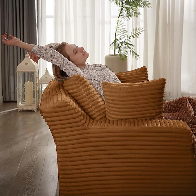 GNIXUU Oversized Chaise Lounge Chair Indoor, Comfy Fluffy Lounge Sofa Upholstered Sleeper Sofa Couch with Throw Pillows and Armrests, Corduroy Plush Chair Bed for Living Room, Orange
