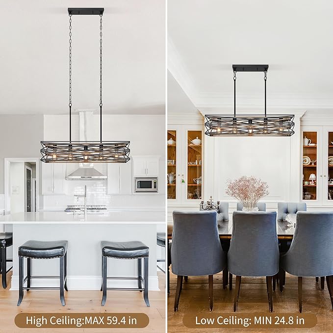 33.5''Farmhouse Dining Room Light Fixture,5-Light Kitchen Island Lighting,Industrial Chandelier for Dining Room Over Table Kitchen,Large Linear Chandelier with Retro Wood Texture Interior