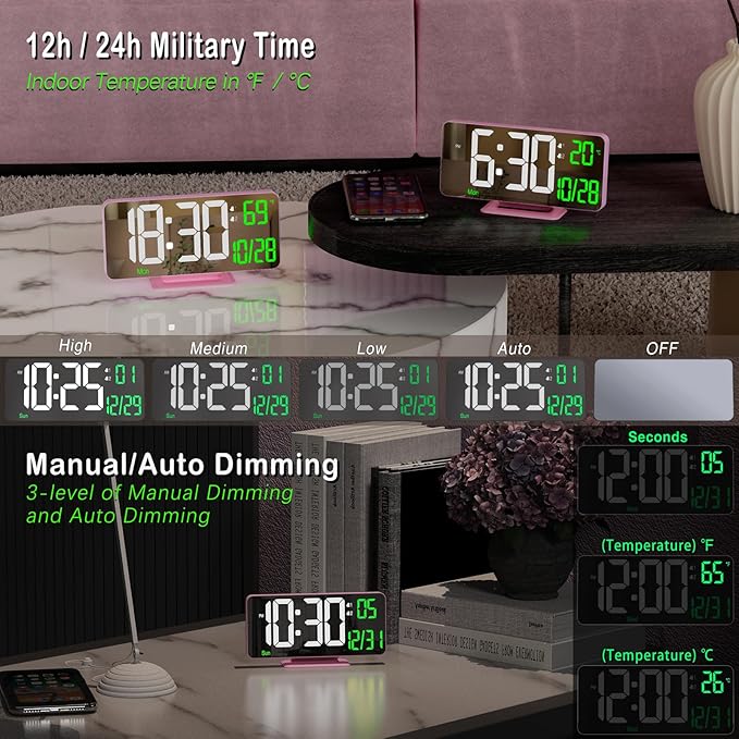 KOSUMOSU Pink Digital Clock 6.7in Desk Clock with Dual Alarm Clock, Dimming, 12/24h, Date, Day of Week, Temp, Digital LED Clock, Alarm Clock for Table, Digital Calendar Table Clocks for Bedrooms