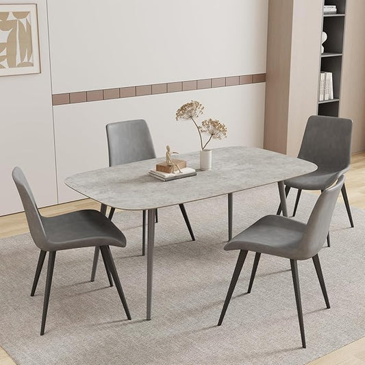 55.1'' Dining Table Set for 4,Modern Wood Dining Table,Leather Dining Chairs 4,Table and Chairs Set of 4,Ideal for Kitchen Dining Room (Gray Table + 4 Gray Chairs, 55.1")