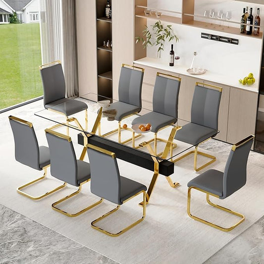 9 Piece Glass Dining Table Set, 79" Modern Dining Table Set for 8, 0.5" Thick Tempered Glass Tabletop with Gold Chrome Metal Legs and Black Crossbar, 8 PU Chairs for Dining Room, Kitchen