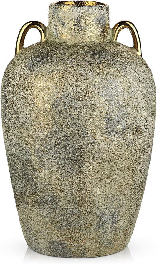 Large Ceramic Vase, 11.2" Tall Rustic Farmhouse Vase, Vintage Flower Vase with 2 Ears, Electroplated Terracotta Boho Vases for Home, Living Room, Shelf, Mantel, Entryway, Wedding, Tabletop Decor