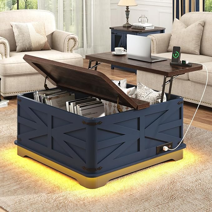 36" Farmhouse LED Lift Top Coffee Table with Storage and Power Outlets, Square Wood Living Room Tables with LED Lights & Large Hidden Space, Lift Wooden Barn Door Center Table, Navy Blue