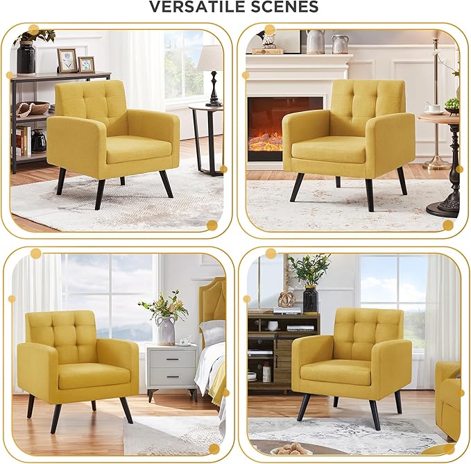 Yaheetech Mid-Century Accent Chairs, Modern Upholstered Living Room Chair, Cozy Armchair Button Tufted Back and Wood Legs for Bedroom/Office/Cafe, Yellow