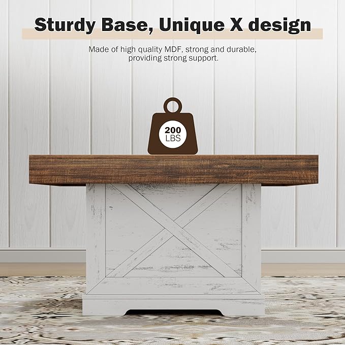 Coffee Table 31.5 in Farmhouse Center Table with X Design Wooden Pedestal for Living Room, Easy Assembly Small Square Home Office Tea Accent Table for Dining Room Apartment, Antique White