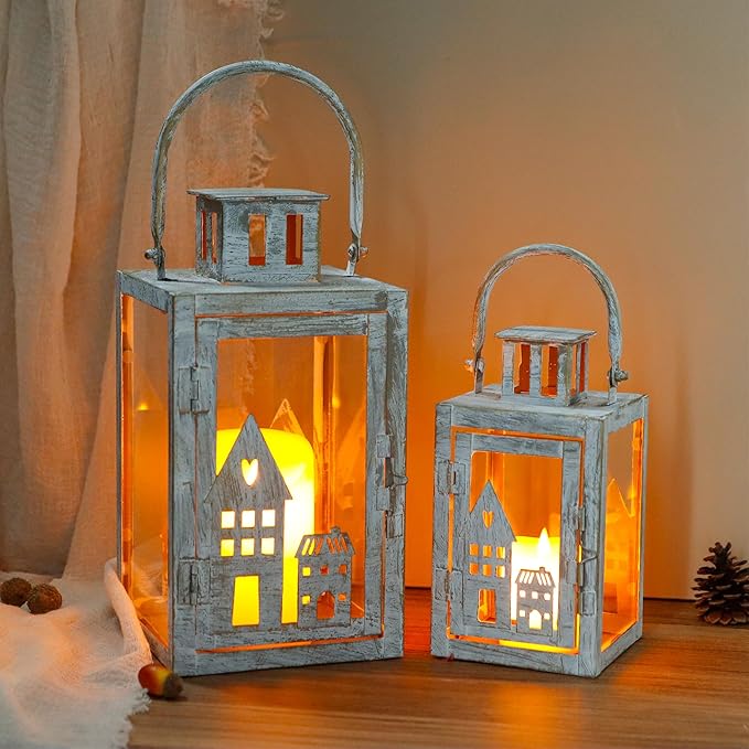 TRIROCKS Halloween Candle Lantern 6 &11" H Vintage Metal Candle Holders Set of 2 Outdoor Lanterns for Garden, Living Room, Indoor & Outdoor (Gray with Gold Brush)