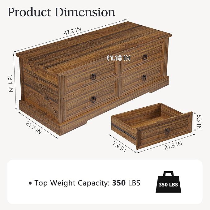 Coffee Table with Storage, 47.2 in Rustic Wooden Center Table with 4 Drawers for Living Room, Easy Assembly Rectangle Home Office Farmhouse Tea Accent Table for Apartment, Walnut