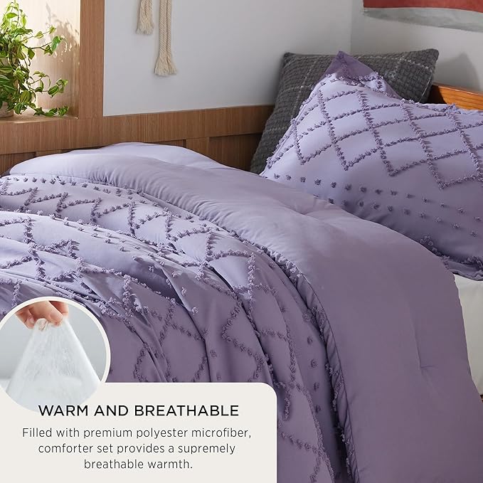 Bedsure Twin Comforter Set - Grayish Purple Boho Twin Comforter, Shabby Chic Dorm Bedding Set for Kids, 2 Pieces Modern Farmhouse Bed Set, Includes 1 Pillow Sham