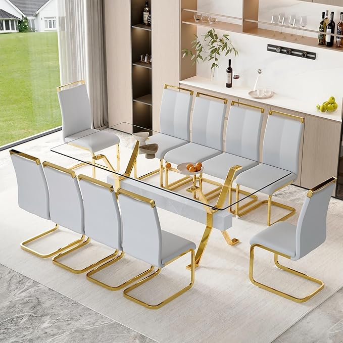 11 Piece Glass Dining Table Set, 79" Modern Dining Table Set for 10, 0.5" Thick Tempered Glass Tabletop with Silver Chrome Metal Legs and Grey Crossbar, 10 PU Chairs for Dining Room, Kitchen
