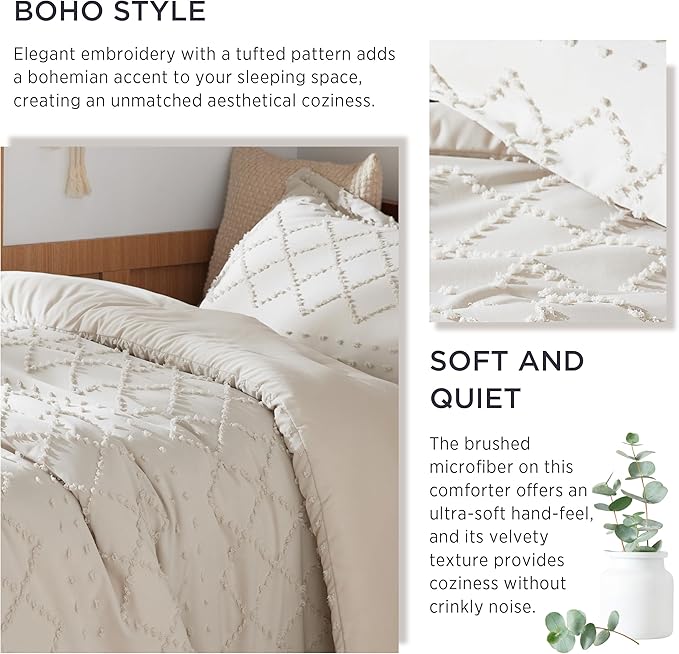 Bedsure Twin XL Comforter Set - Beige Comforter, Boho Tufted Shabby Chic Bedding for Kids, 2 Pieces Vintage Farmhouse Bed Set for All Seasons, Fluffy Soft Bedding with 1 Pillow Sham