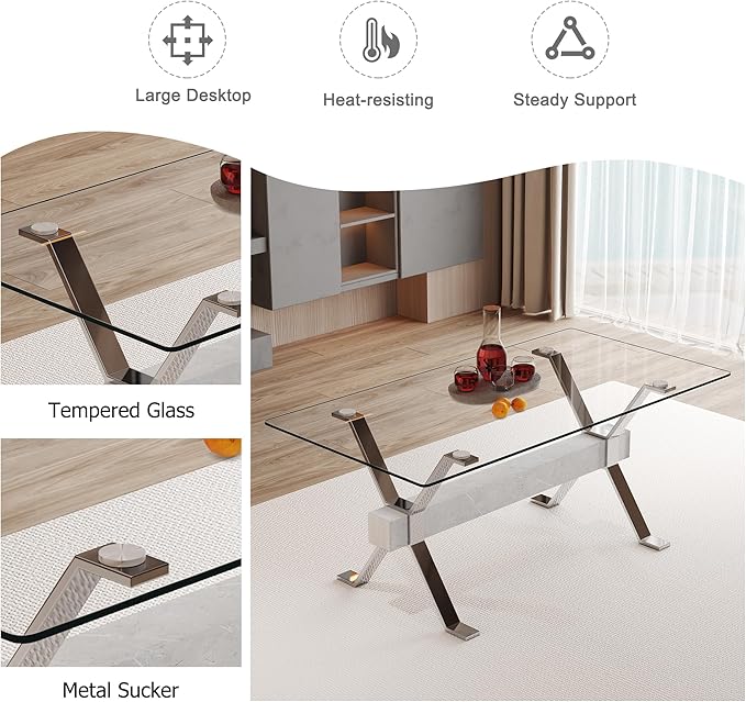 9 Piece Glass Dining Table Set, Kitchen Table Chairs Set for 8, 71'' Dining Table with 0.4" Tempered Glass Tabletop with Plated Metal Legs and MDF Crossbar, 8 PU Chairs for Dining Room, Kitchen.