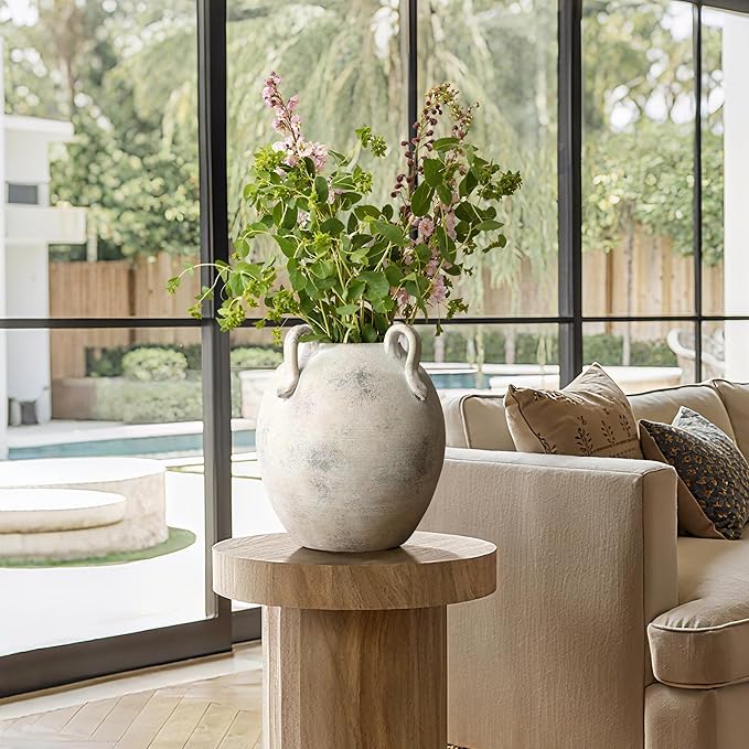 LuxenHome Vintage Ceramic Round Vase Multi Gray and White Terracotta Vaes with Handles Farmhouse Decor,Pottery Vase Living Room Decor,Large Waterpoof Vases Home Decor 11-Inch