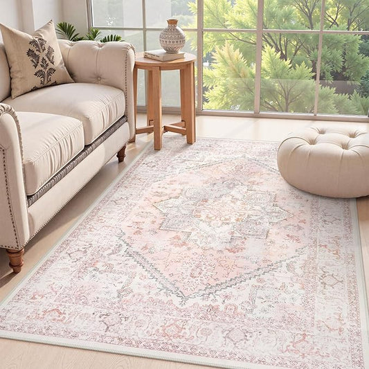 LIVEBOX Area Rug Pink 4x6 - Oriental Floral Bedroom Rug Vintage Low-Pile Indoor Rugs for Kids Room, Non-Shedding Retro Carpet, Accent Rugs for Kitchen Entryway Office Camper Pink