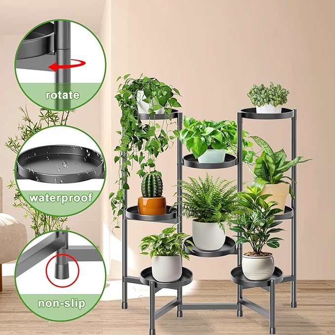 5 Tier Plant Stand Indoor Tall, Adjustable Black Plant Shelf for Multiple 8 Potted Flower Plants Holders, Corner Metal Flower Display Rack for Patio Garden Balcony Living Room Office (A)