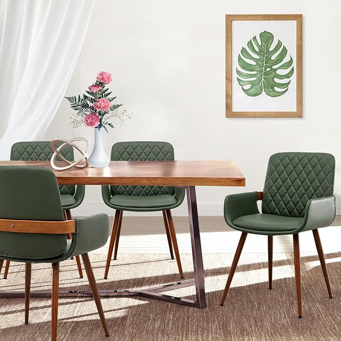 LUNLING Mid Century Modern Faux Leather Dining Chairs Set of 4,Green Upholstered Seat,Metal Legs,Adjustable Foot for Kitchen Dining Room Desk Chairs