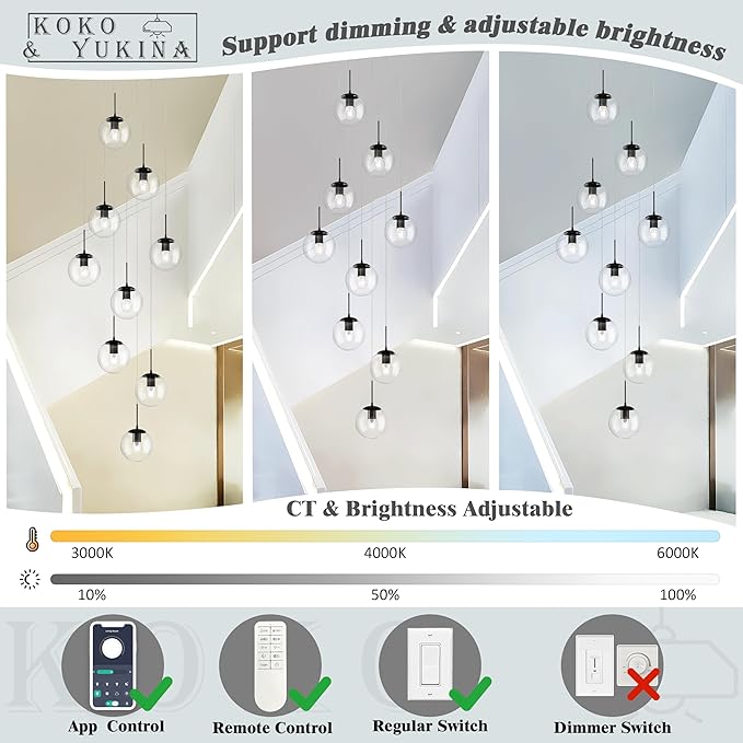 KoKo&Yukina 9-Light Globe Glass Pendant Light Adjustable Length Pendant Lights Fixtures Modern Black Clear Globe Glass Chandelier High Ceiling Lights Fixtures for Foyer Staircase (Bulb & Remote Incl)