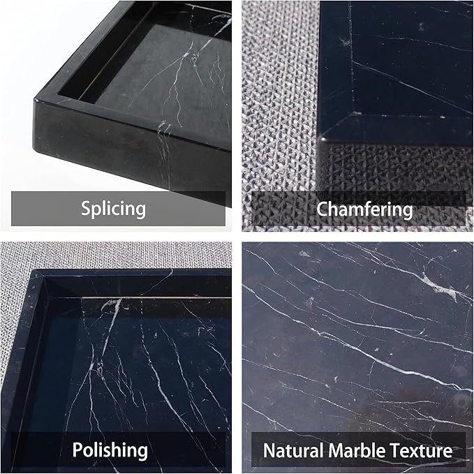 Square Natural Marble Vanity Tray: Luxury 8x8 Polished Organizer for Bathroom Kitchen Dresser Makeup Jewelry Coffee Table Home Decor, Black