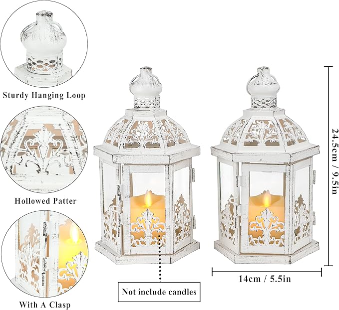 TRIROCKS Set of 2 Vintage Decorative Lanterns 9.5" H Hanging Lantern Metal Candleholder with Tempered Glass for Indoor Outdoor Home Decor Parties Garden Events Wedding(White with Grey Brush)