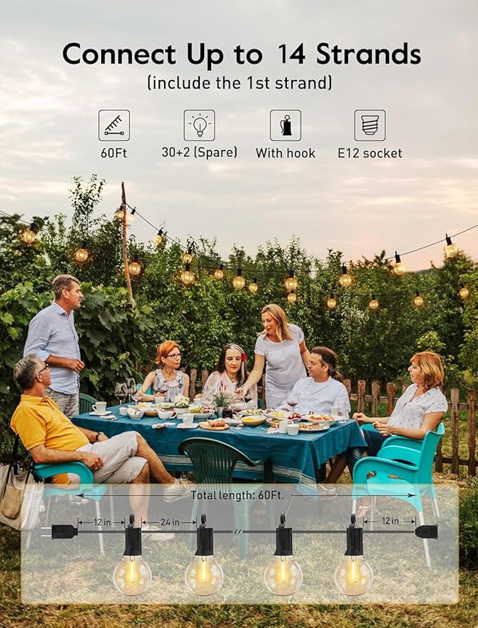 Brightown Outdoor String Lights - Globe Patio Lights 60 Ft with 30 G40 Shatterproof Bulbs, Waterproof Connectable Commercial Hanging Light for Backyard, Bistro, Porch, Cafe, Dec