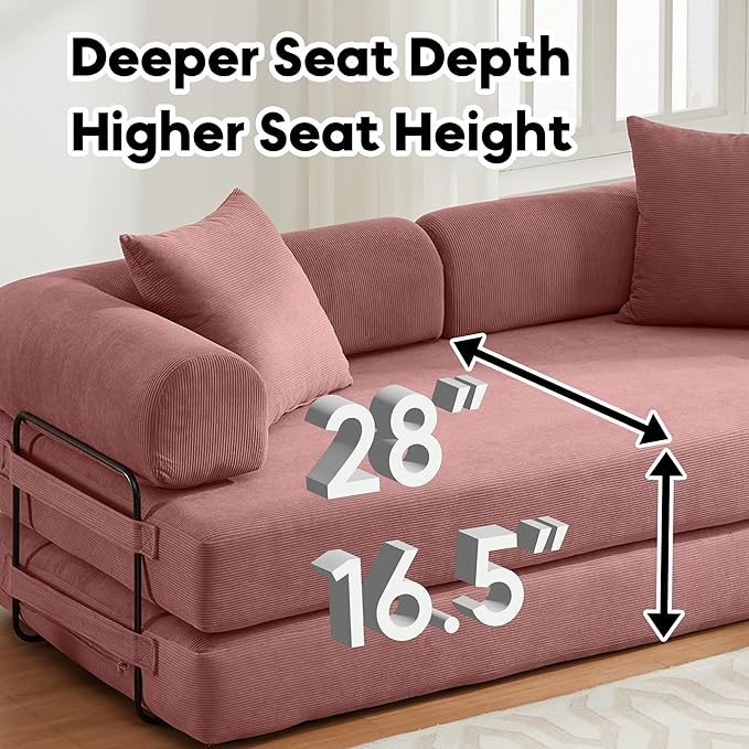 Convertible Sleeper Sofa Bed with Cylindrical Pillow, Corduroy Folding Boneless Couch with Fixed-Shape Frame, Floor Sofa Lounge Couch for Living Room Bedroom Lounge Studio-Pink