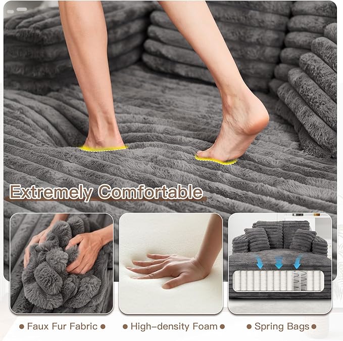 56"W Oversized Chaise Lounge Chair Indoor,Plush Faux Fur Sleeper Sofa Couch Bed with Pillows&Wide Armrest,Fluffy Comfy Cloud Sofa,Compression Foam Boneless Couch for Living Room,Bedroom(Grey)