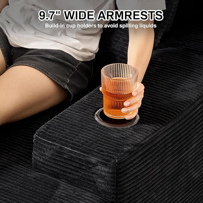 Chaise Lounge Chair Indoor, 67" Oversized Comfy Corduroy Sleeper Sofa Bed with Cup Holders and Wide Armrests, Boneless Upholstered Recliner Bed, Modern Cloud Couch for Living Room, Black