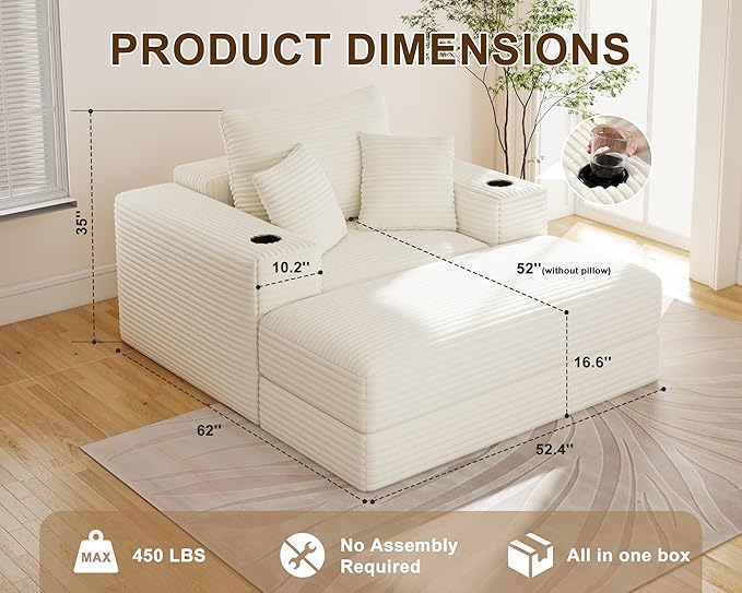 62" Oversized Chaise Lounge Chair Indoor, Fluffy Corduroy Upholstered Boneless Couch, Convertible Sleeper Sofa Bed & Reading Chair, Cloud Sofa Couches for Living Room, No Assembly, Beige